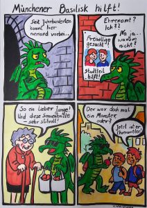 Comic von Urszula Widzgowska - Münchener Basilisk hilft-Ehrenamt zählt!